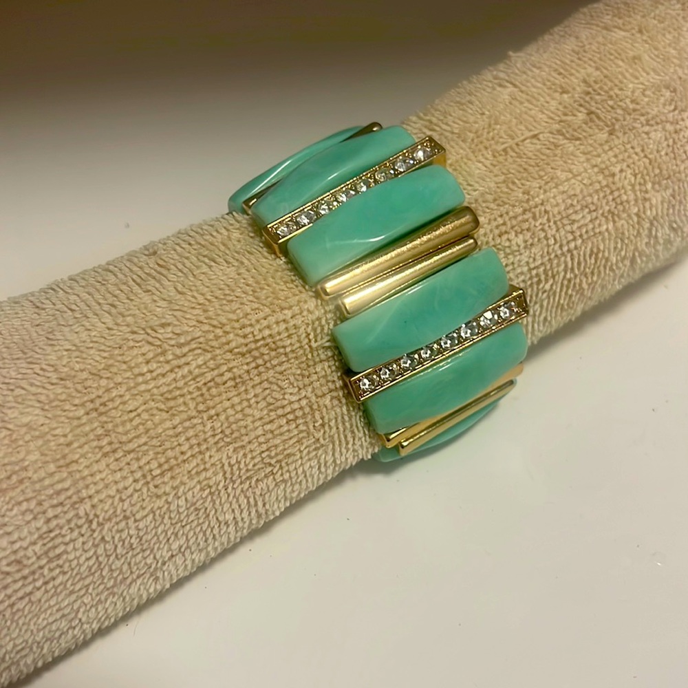 Turquoise, gold and rhinestone inlay bangle bracelet